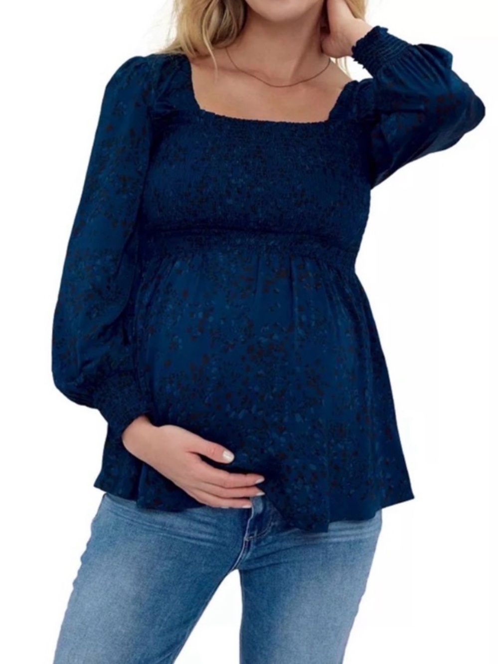 Ingrid & Isabel Deep Teal Smocked Long-Sleeve Peplum Maternity Top Small